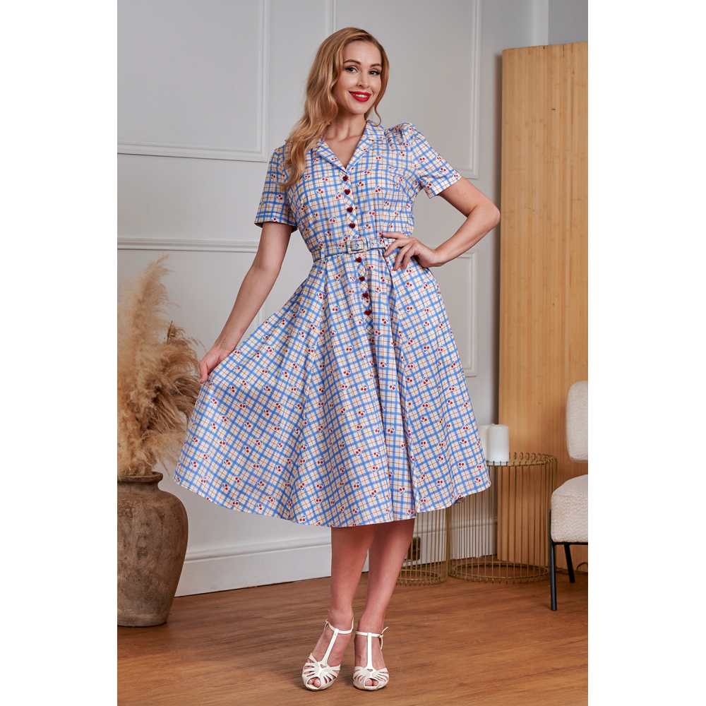 Banned - Bella Cherry Check Flare dress - Blue